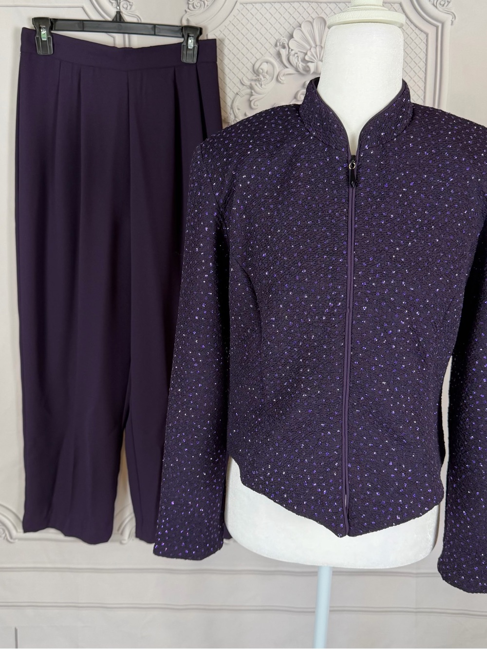 Y2K Jessica Howard 10P 2-Piece Set Purple Sparkle Jacket Wide Leg Pants Vintage